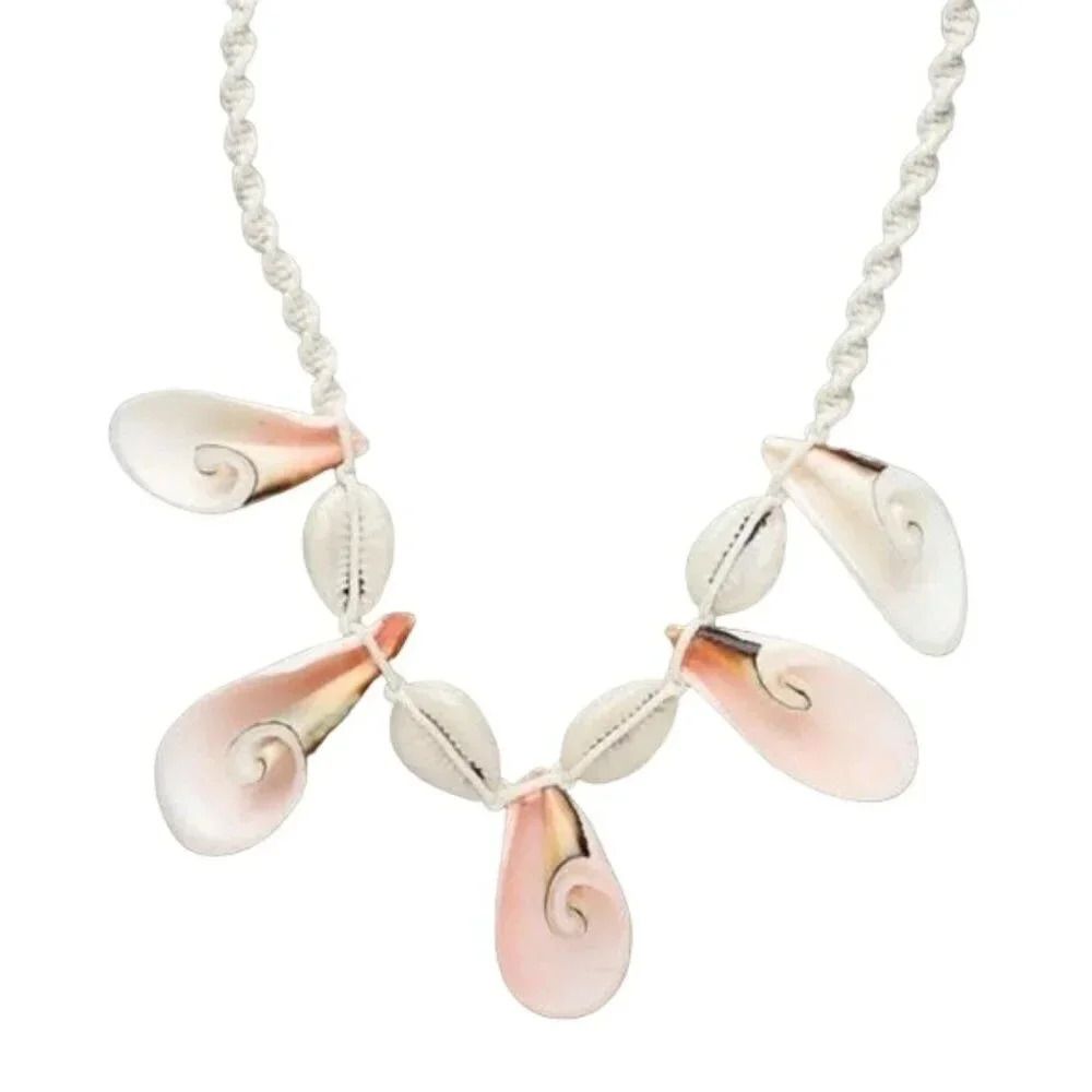 Hand Crafted Organic Red Lipped Conch Shell Pink and White Macrame Necklace